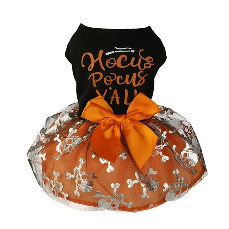 Halloween Dog Clothes  Funny Pet Dress Pumpkin Print Dress Chihuahua Yorkie Bow Mesh Dress Pet Party Clothing Cat Dog Costume