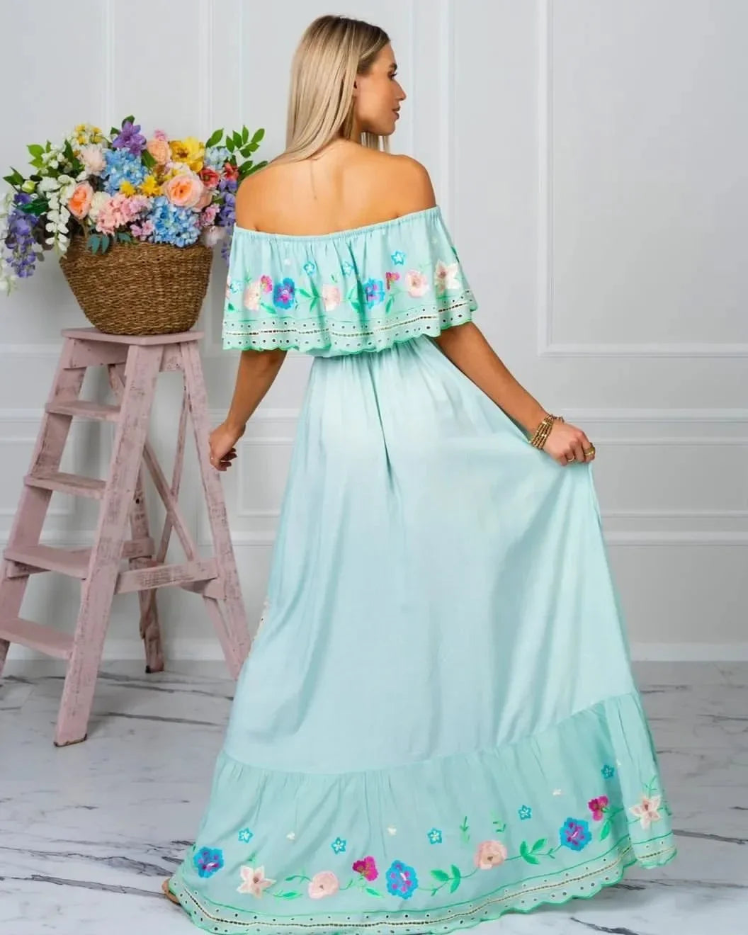 Amazon Off-shoulder Printing Long Dress New Arrival European American Foreign Trade Spring Summer Season Women Fashion