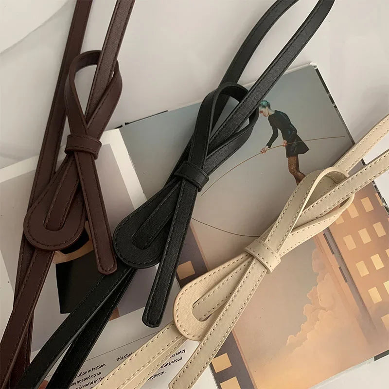Thin Knotted Belts for Women Belt Lady Waistband Soft PU Leather Waist Belt Black Coffee Straps Long Dress Coat Accessories