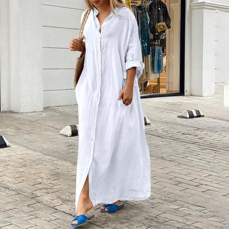 2025 Women's Casual Cotton Linen Long Dress Solid Long Sleeve Oversize Shirt Dresses Female Fashion Loose Ladies' Clothing Dress