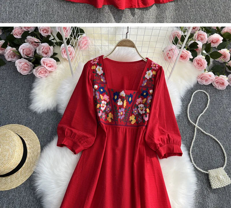 Spring/Summer Women's Travel Vacation Vintage Long Dress Bohemian Ethnic Style Embroidered Waist Tie up Cotton and Linen Dress ﻿