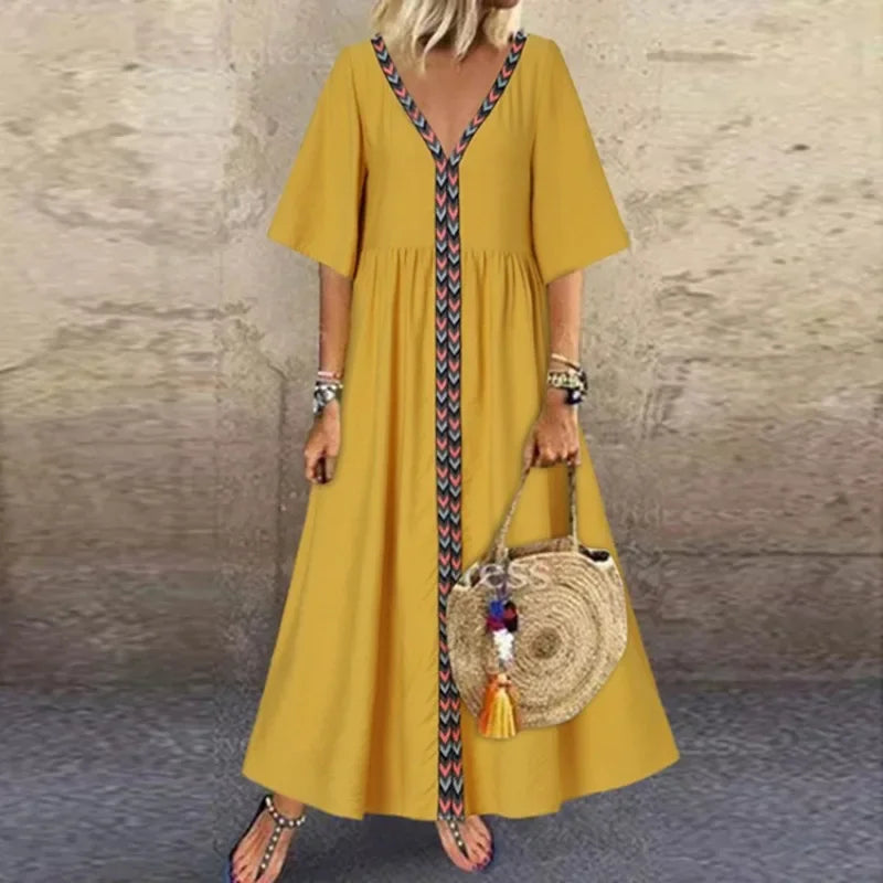 Women's Summer Commuting Oversized V-neck Short Sleeved Long Dress with Loose and Elegant Line Splicing Casual Long Dress