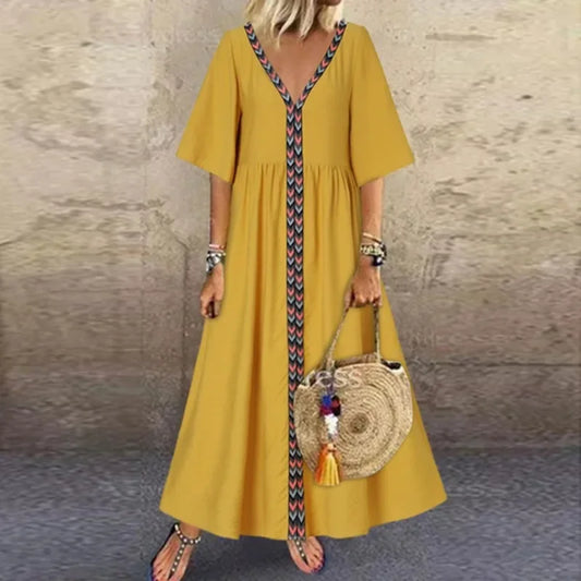 Women's Summer Commuting Oversized V-neck Short Sleeved Long Dress with Loose and Elegant Line Splicing Casual Long Dress