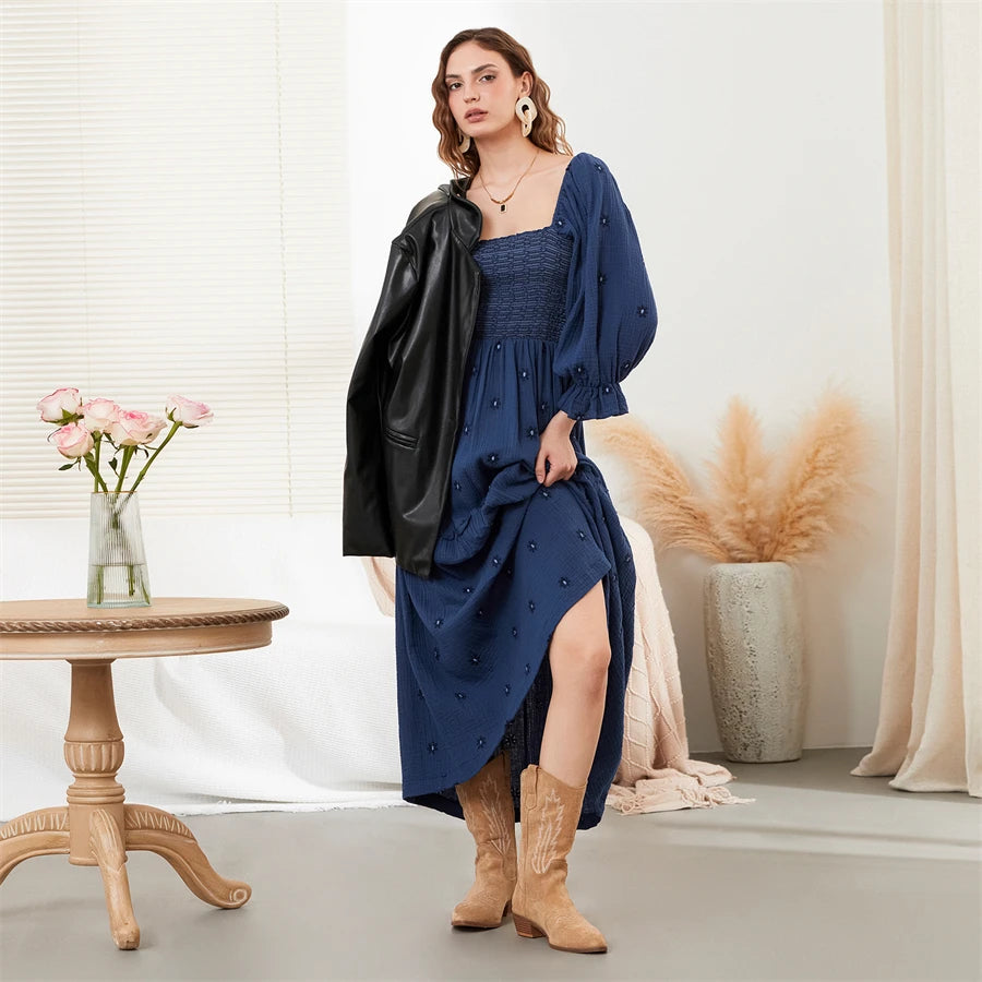 wsevypo Retro Embroidered Flowers Flowy Long Dress Women's Long Puff Sleeve Square Neck Smocked A-Line Dress for Beach Vacation