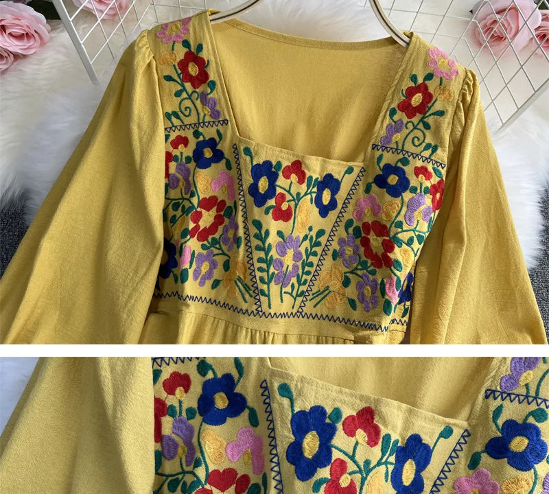 Spring/Summer Women's Travel Vacation Vintage Long Dress Bohemian Ethnic Style Embroidered Waist Tie up Cotton and Linen Dress ﻿