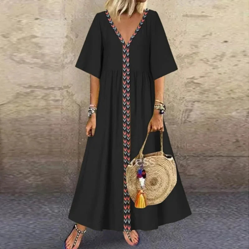 Women's Summer Commuting Oversized V-neck Short Sleeved Long Dress with Loose and Elegant Line Splicing Casual Long Dress