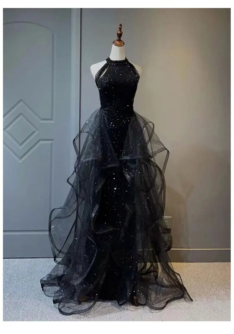 YOSIMI Women Evening Party Long Dress 2023 Summer Vintage Mesh Floor-Length Sleeveless Black Dress Trumpet Sexy Mermaid Vestido