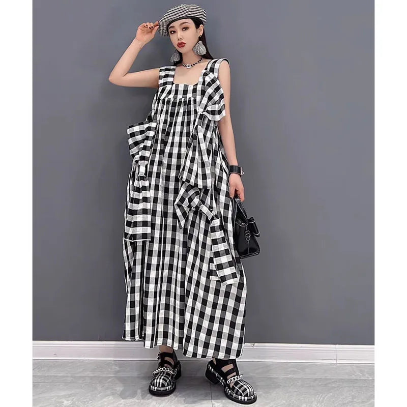 NYFS 2025 Summer New Plaid Dresses Backless Sleeveless Patchwork Bow Small Fresh Minority Elegant Loose Plus Size Long Dress
