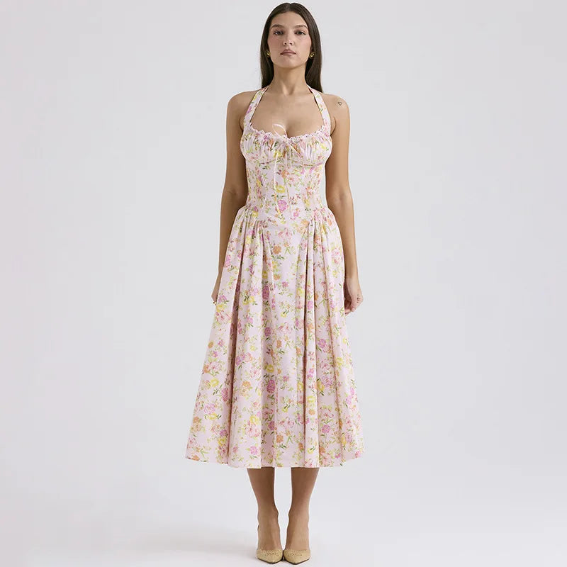 Townlike Waist Wrap Print A-line Elegant Midi Long Dress Women Halter 2024 Spring Summer Dress Backless Sexy Party Dresses