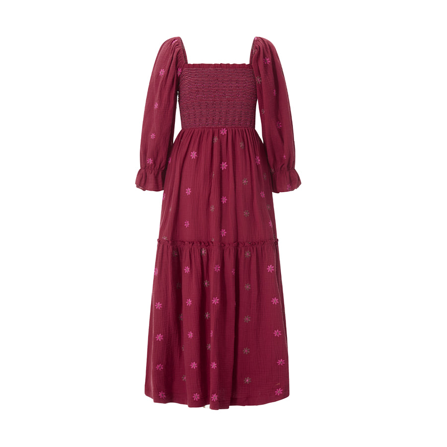 wsevypo Retro Embroidered Flowers Flowy Long Dress Women's Long Puff Sleeve Square Neck Smocked A-Line Dress for Beach Vacation