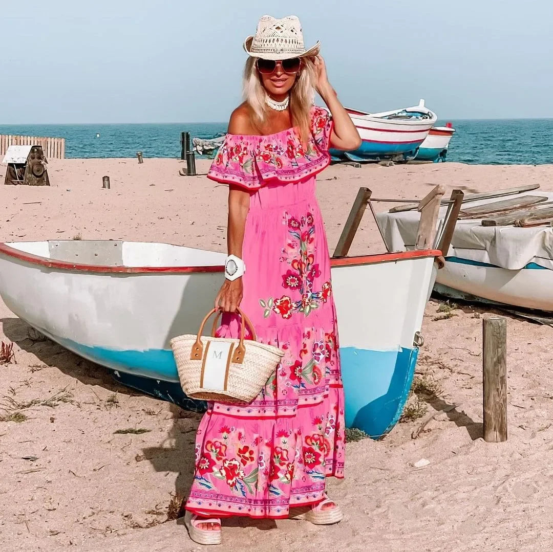 Amazon Off-shoulder Printing Long Dress New Arrival European American Foreign Trade Spring Summer Season Women Fashion