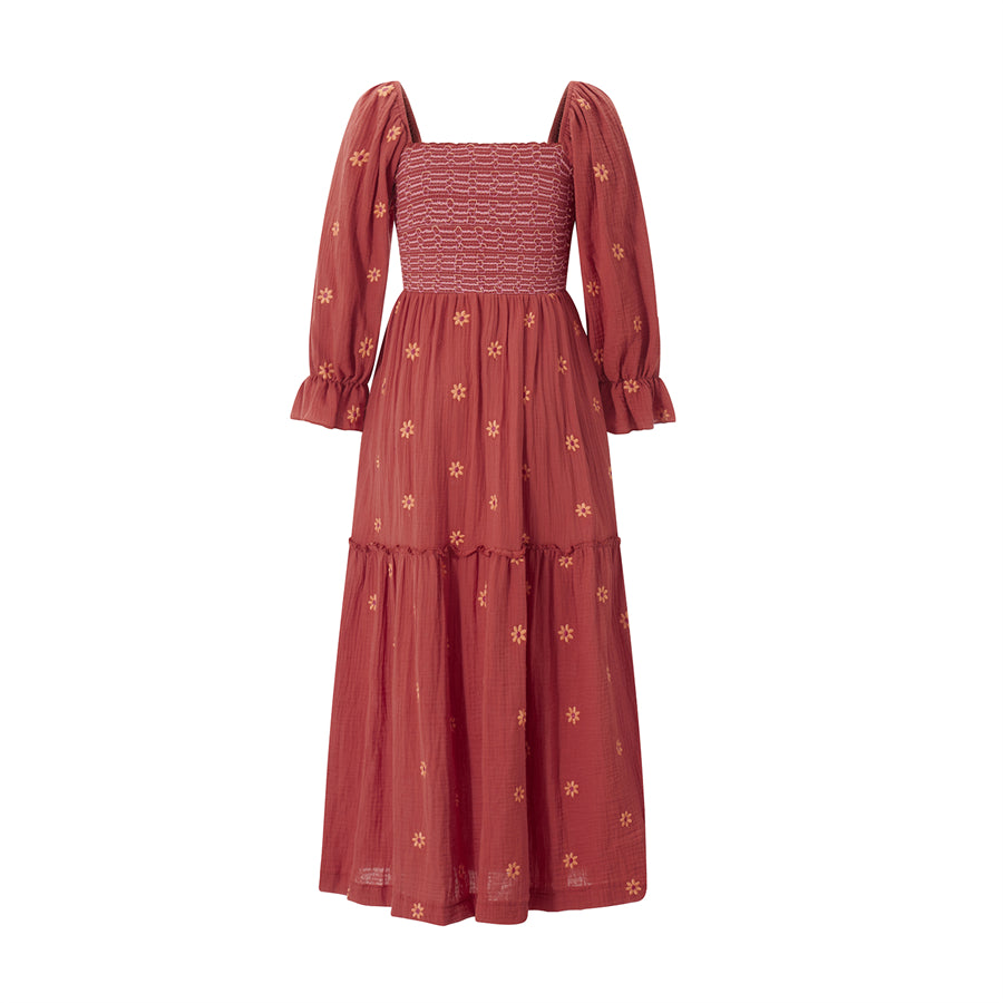 wsevypo Retro Embroidered Flowers Flowy Long Dress Women's Long Puff Sleeve Square Neck Smocked A-Line Dress for Beach Vacation