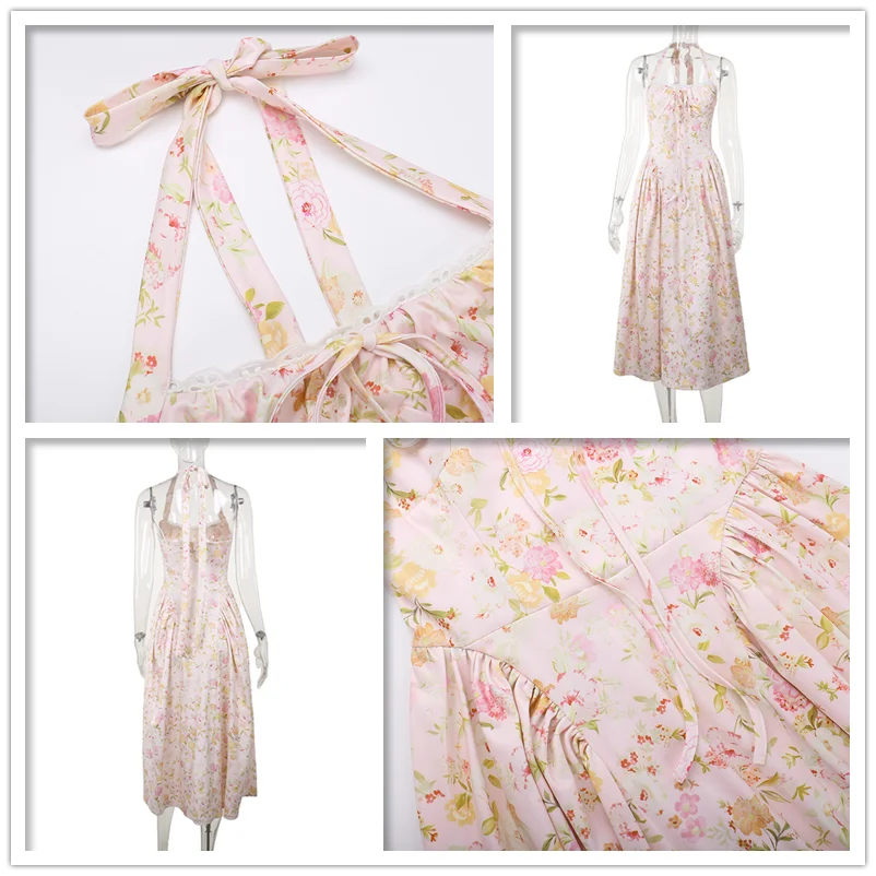 Townlike Waist Wrap Print A-line Elegant Midi Long Dress Women Halter 2024 Spring Summer Dress Backless Sexy Party Dresses