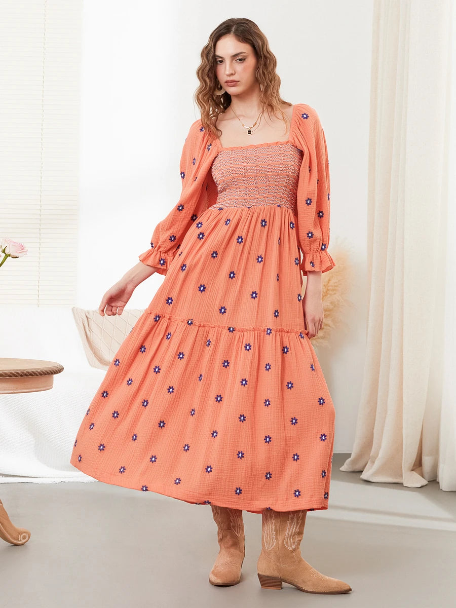 wsevypo Retro Embroidered Flowers Flowy Long Dress Women's Long Puff Sleeve Square Neck Smocked A-Line Dress for Beach Vacation