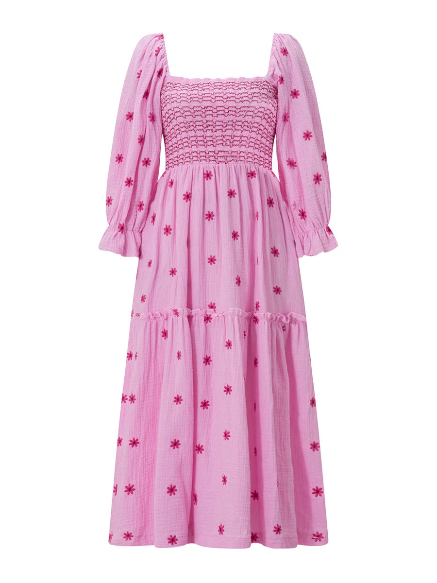 wsevypo Retro Embroidered Flowers Flowy Long Dress Women's Long Puff Sleeve Square Neck Smocked A-Line Dress for Beach Vacation