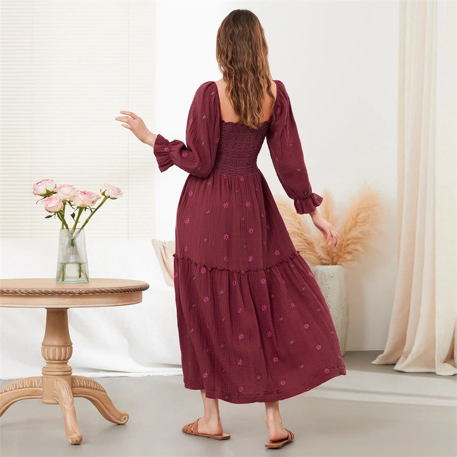 wsevypo Retro Embroidered Flowers Flowy Long Dress Women's Long Puff Sleeve Square Neck Smocked A-Line Dress for Beach Vacation