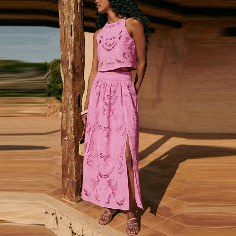Sexy O Neck Sleeveless Top and Long Skirt Suit Summer Fashion Hollow Lace Solid Color Women's Set 2024 New Loose Holiday Outfits