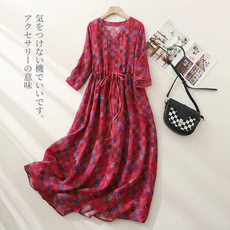 Vintage Single-breasted V-Neck Half Sleeve Women Dresses Literature Drawstring Pockets Ladies Long Dress Vestidos Para Mujer