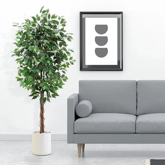 Artificial Ficus Tree Tall Fake Ficus Silk Tree with Natural Wood Trunk in Plastic Nursery Pot for Indoor Outdoor Office Decor