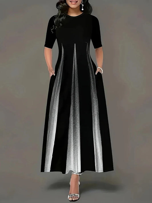 Summer New Round Neck Style Celebrity Printed Gradient Long Dress