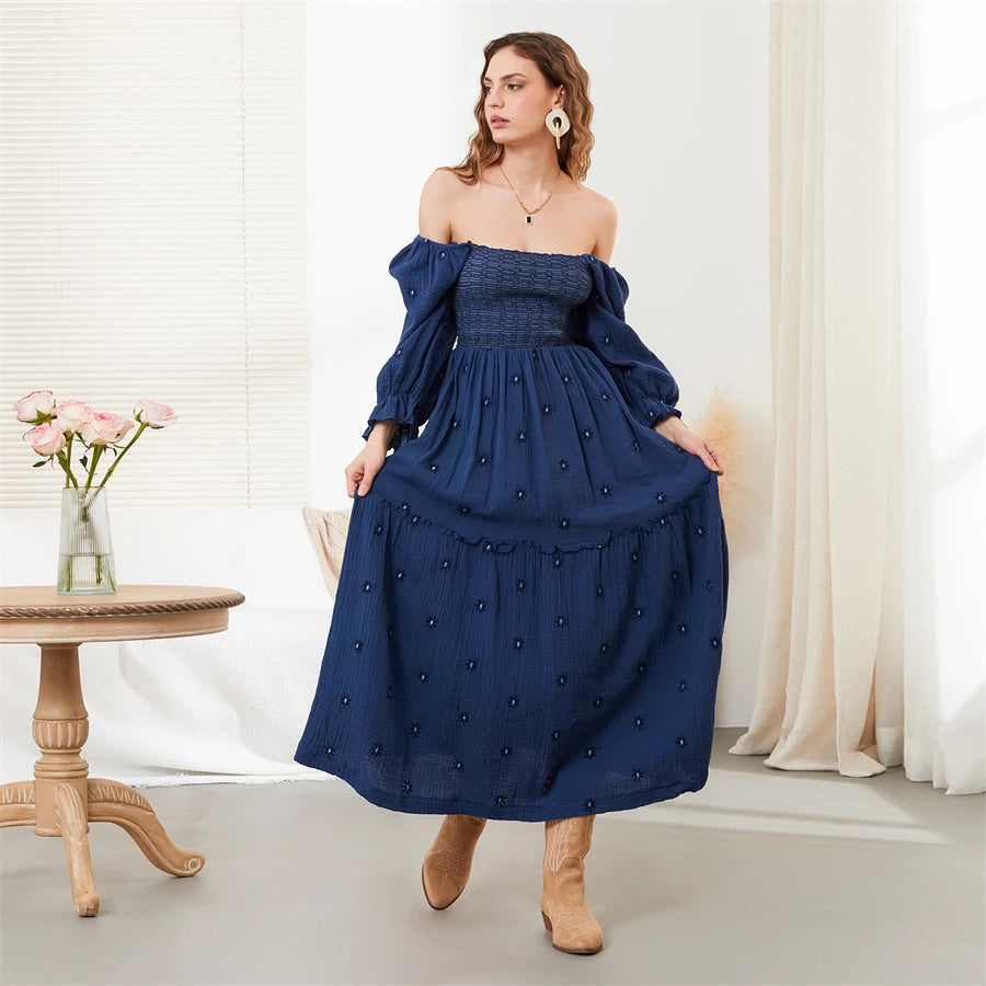 wsevypo Retro Embroidered Flowers Flowy Long Dress Women's Long Puff Sleeve Square Neck Smocked A-Line Dress for Beach Vacation
