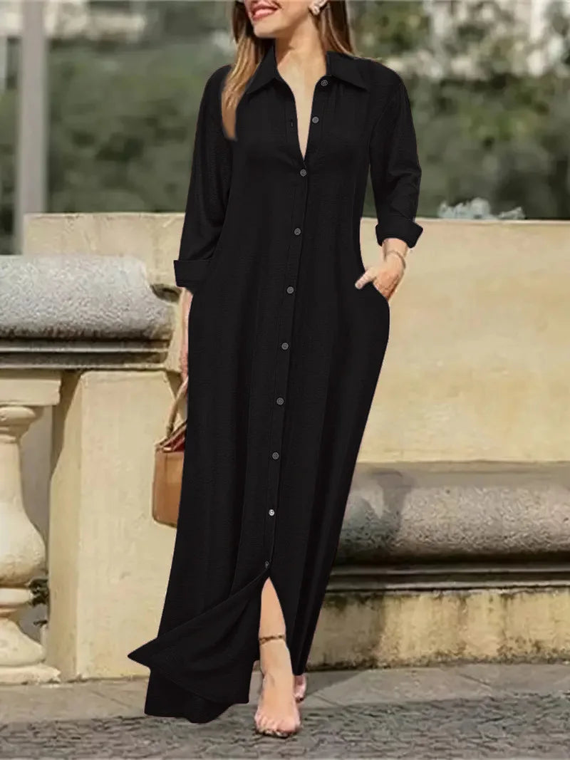 2025 New Dress Spring Summer Women's Plus Size Elegant Neutral Style Cotton Linen Long Dress Long Sleeved Lapel Solid Color