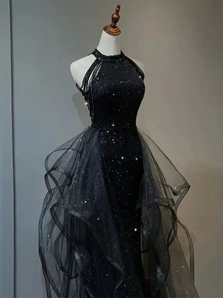 YOSIMI Women Evening Party Long Dress 2023 Summer Vintage Mesh Floor-Length Sleeveless Black Dress Trumpet Sexy Mermaid Vestido