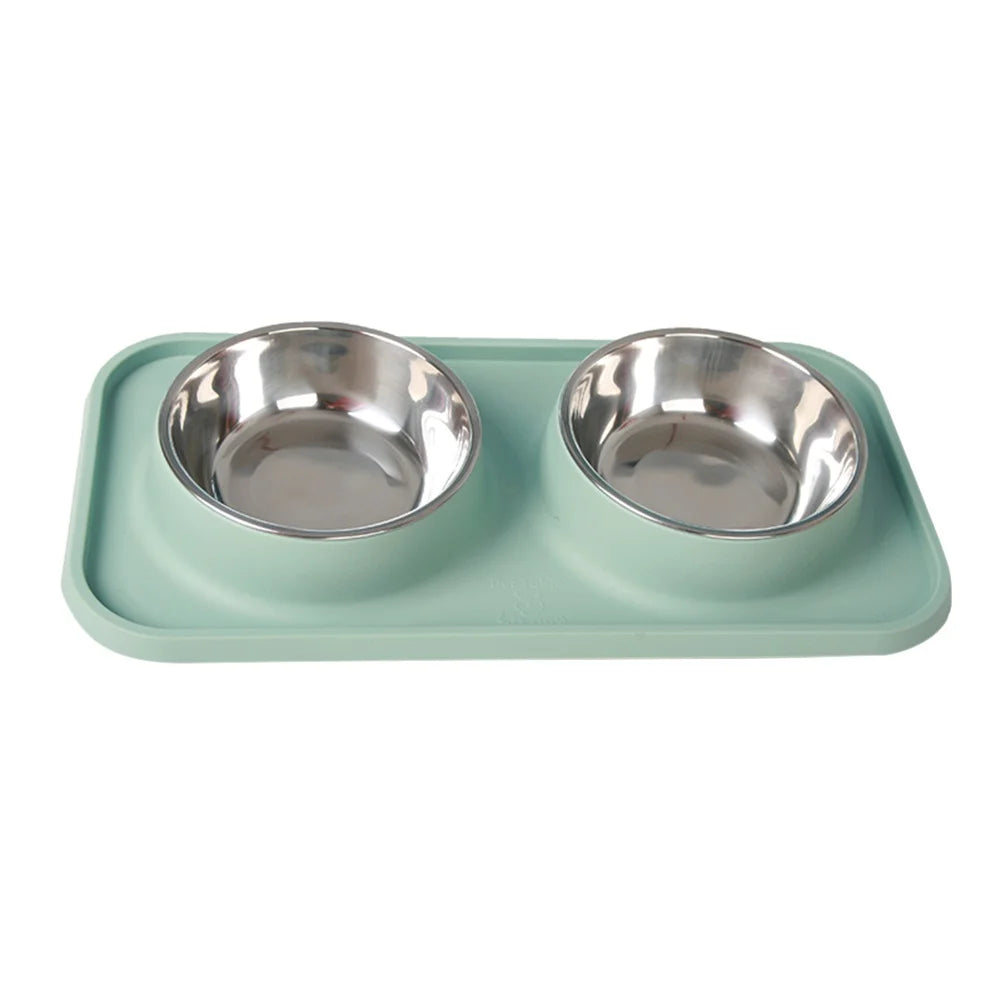 Double Dog Bowl With Silicone Mat Non-Slip Cat Bowl Stainless Steel Water Food Feeder Pet Feeding Drinking Bowls for Dogs Cats
