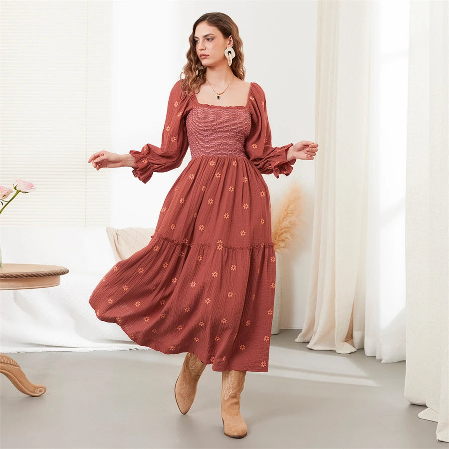 wsevypo Retro Embroidered Flowers Flowy Long Dress Women's Long Puff Sleeve Square Neck Smocked A-Line Dress for Beach Vacation