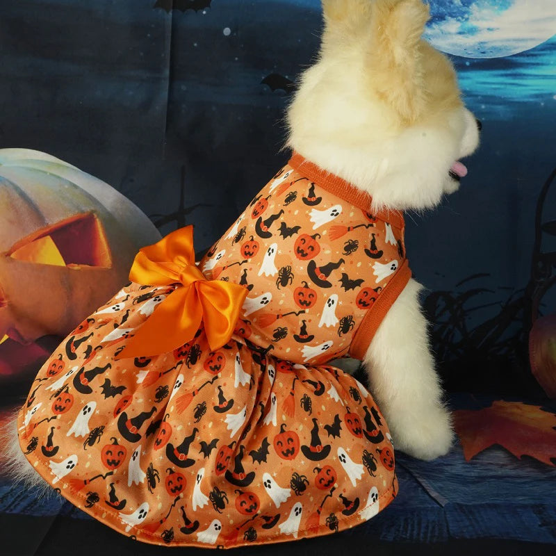 Halloween Dog Clothes  Funny Pet Dress Pumpkin Print Dress Chihuahua Yorkie Bow Mesh Dress Pet Party Clothing Cat Dog Costume