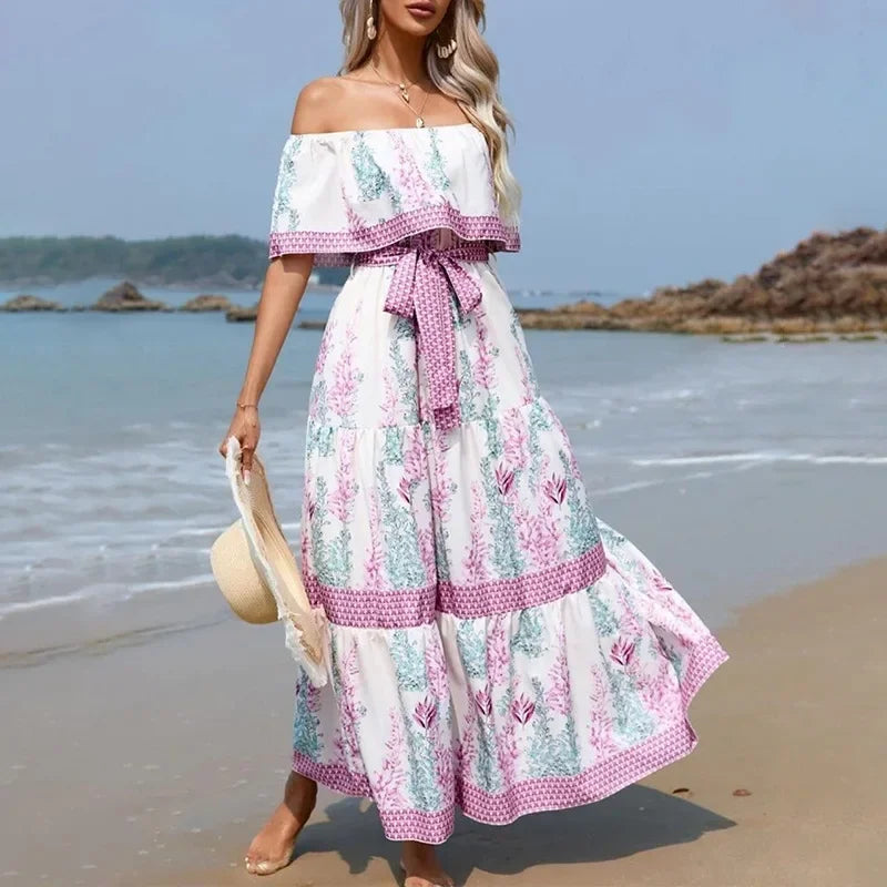 Amazon Off-shoulder Printing Long Dress New Arrival European American Foreign Trade Spring Summer Season Women Fashion