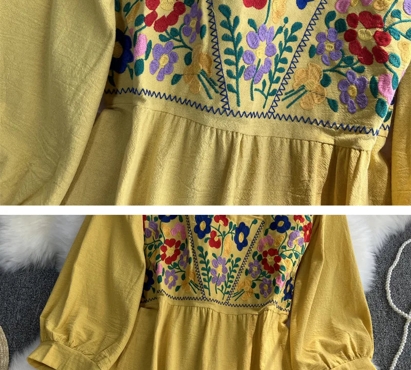 Spring/Summer Women's Travel Vacation Vintage Long Dress Bohemian Ethnic Style Embroidered Waist Tie up Cotton and Linen Dress ﻿