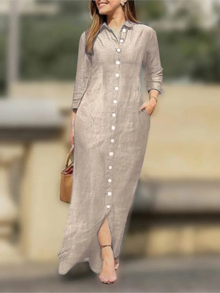 2025 New Dress Spring Summer Women's Plus Size Elegant Neutral Style Cotton Linen Long Dress Long Sleeved Lapel Solid Color
