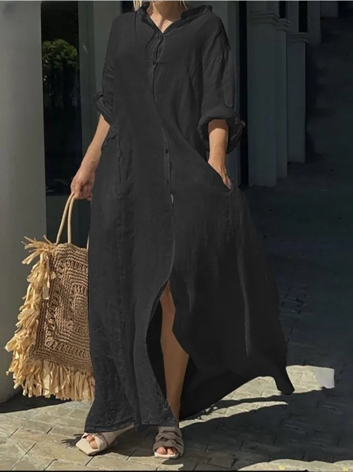 2025 Women's Casual Cotton Linen Long Dress Solid Long Sleeve Oversize Shirt Dresses Female Fashion Loose Ladies' Clothing Dress