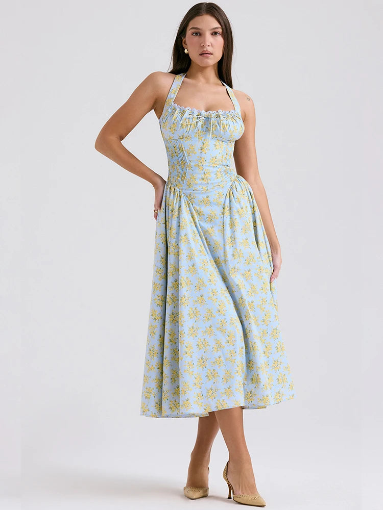 Townlike Waist Wrap Print A-line Elegant Midi Long Dress Women Halter 2024 Spring Summer Dress Backless Sexy Party Dresses