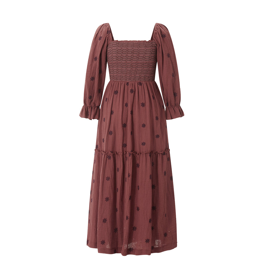 wsevypo Retro Embroidered Flowers Flowy Long Dress Women's Long Puff Sleeve Square Neck Smocked A-Line Dress for Beach Vacation