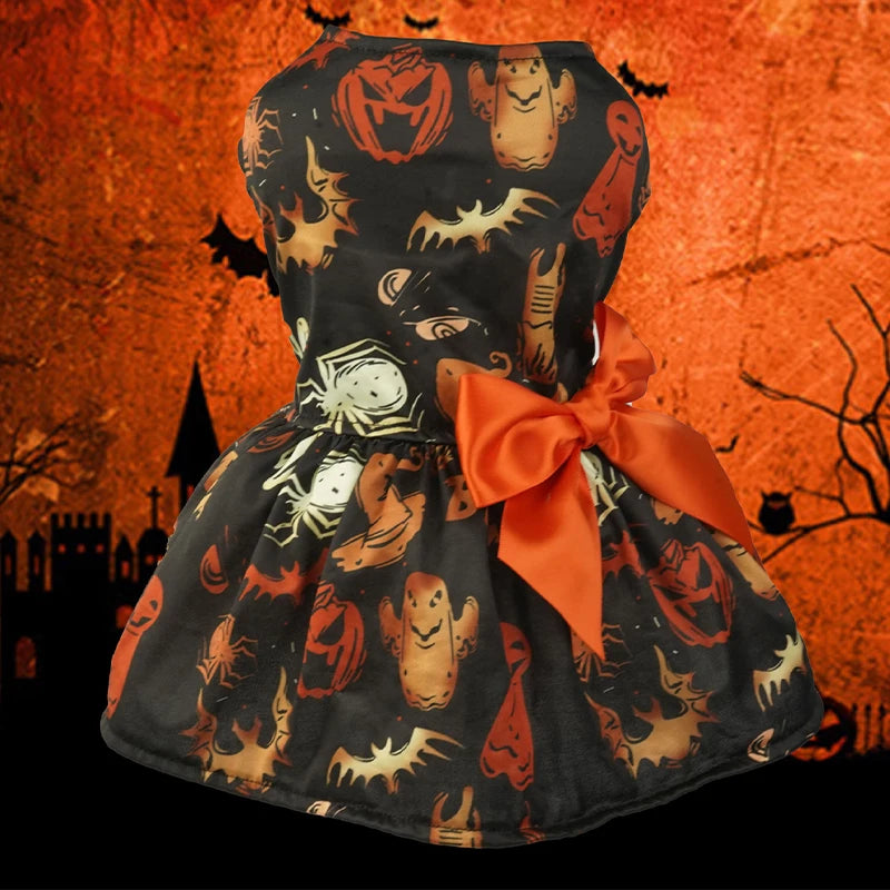 Halloween Dog Clothes  Funny Pet Dress Pumpkin Print Dress Chihuahua Yorkie Bow Mesh Dress Pet Party Clothing Cat Dog Costume