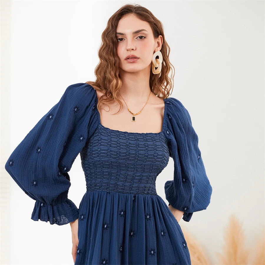 wsevypo Retro Embroidered Flowers Flowy Long Dress Women's Long Puff Sleeve Square Neck Smocked A-Line Dress for Beach Vacation