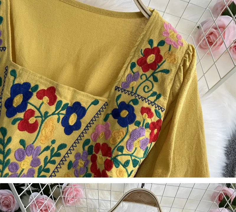 Spring/Summer Women's Travel Vacation Vintage Long Dress Bohemian Ethnic Style Embroidered Waist Tie up Cotton and Linen Dress ﻿