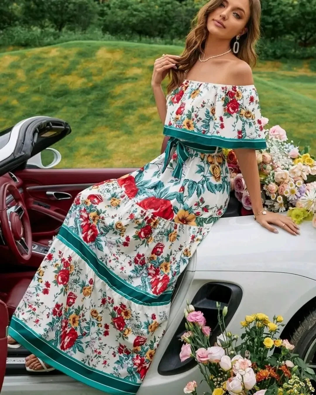 Amazon Off-shoulder Printing Long Dress New Arrival European American Foreign Trade Spring Summer Season Women Fashion