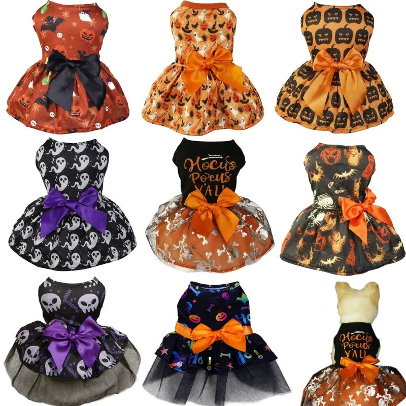 Halloween Dog Clothes  Funny Pet Dress Pumpkin Print Dress Chihuahua Yorkie Bow Mesh Dress Pet Party Clothing Cat Dog Costume