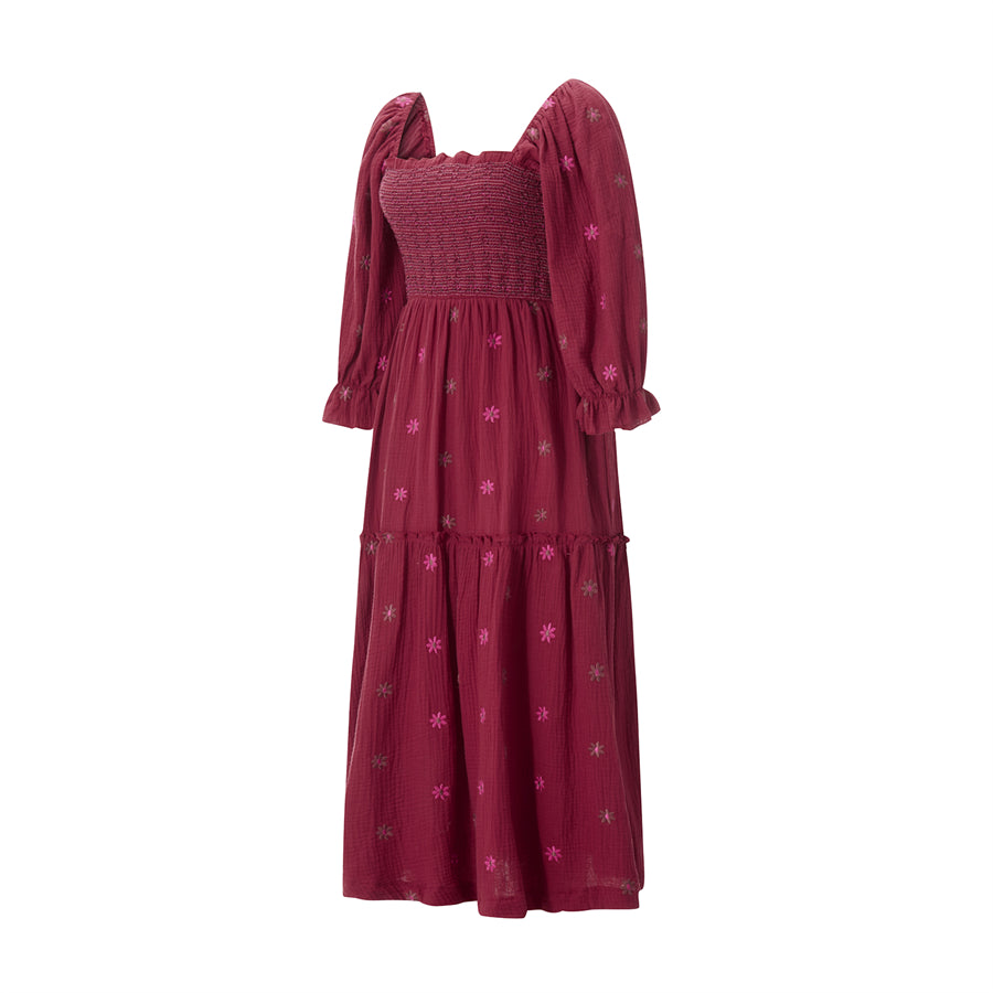 wsevypo Retro Embroidered Flowers Flowy Long Dress Women's Long Puff Sleeve Square Neck Smocked A-Line Dress for Beach Vacation