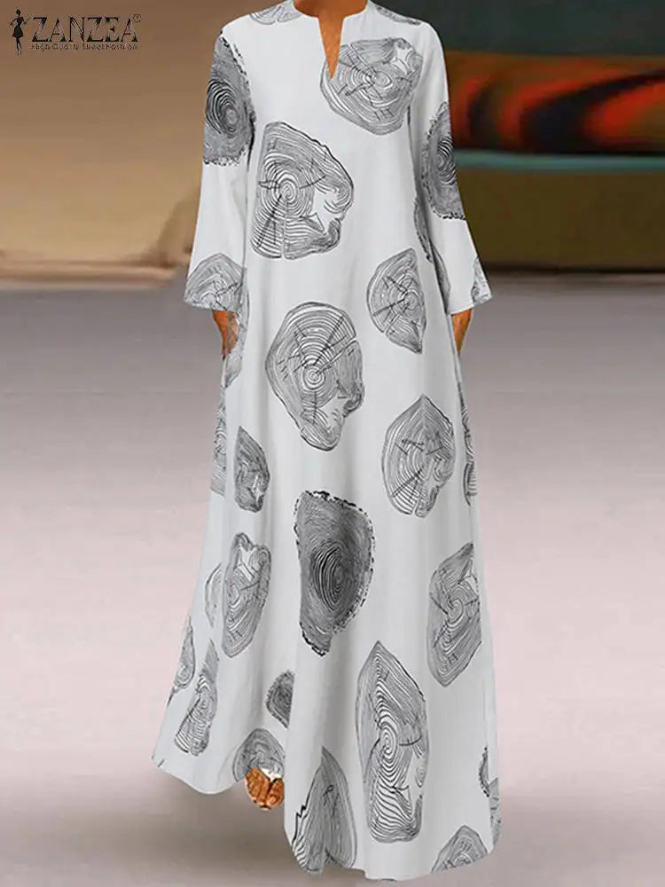 Vintage Maxi Dresses ZANZEA Autumn Women Long Dress V Neck Long Sleeve Printed Sundress Maxi Vestidos Kaftan Robe Femme