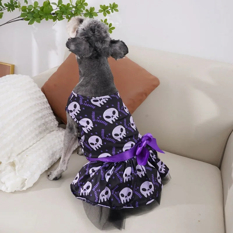 Halloween Dog Clothes  Funny Pet Dress Pumpkin Print Dress Chihuahua Yorkie Bow Mesh Dress Pet Party Clothing Cat Dog Costume