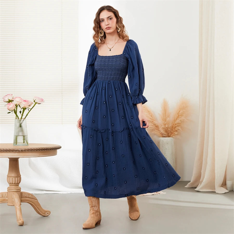 wsevypo Retro Embroidered Flowers Flowy Long Dress Women's Long Puff Sleeve Square Neck Smocked A-Line Dress for Beach Vacation