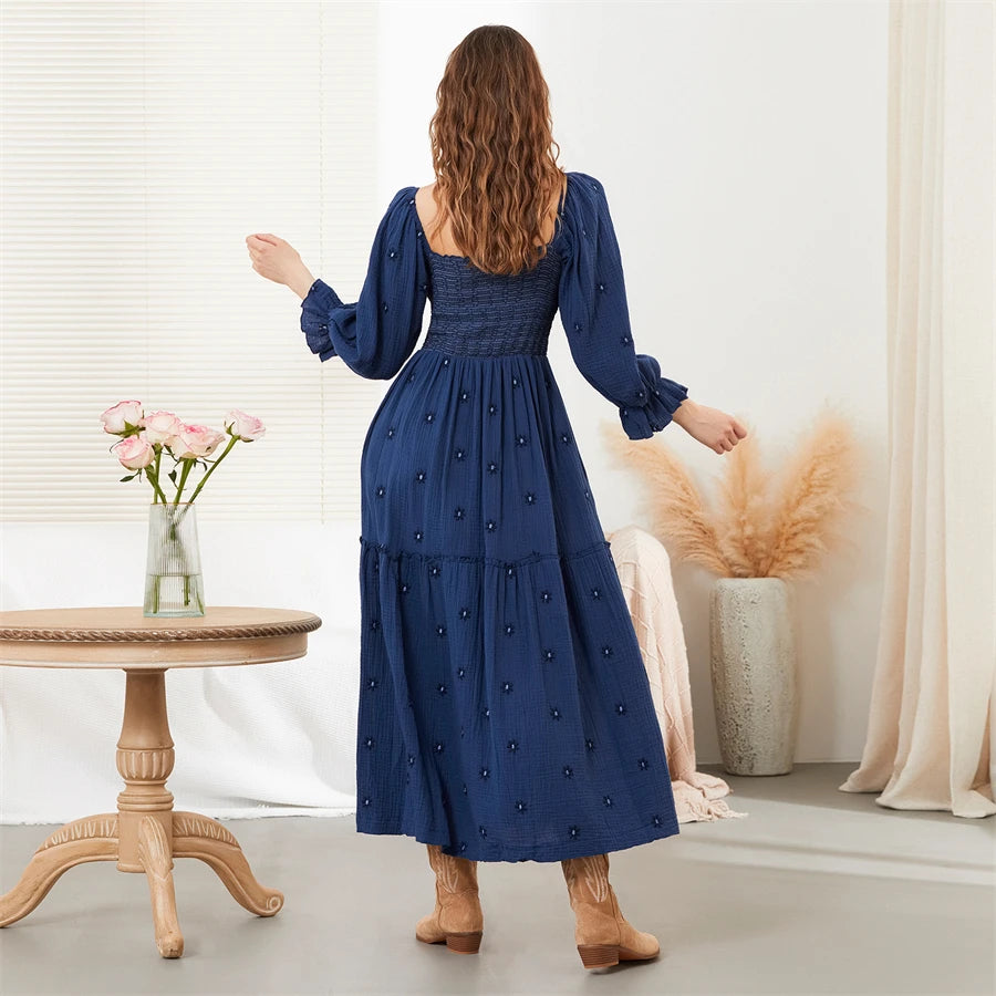 wsevypo Retro Embroidered Flowers Flowy Long Dress Women's Long Puff Sleeve Square Neck Smocked A-Line Dress for Beach Vacation