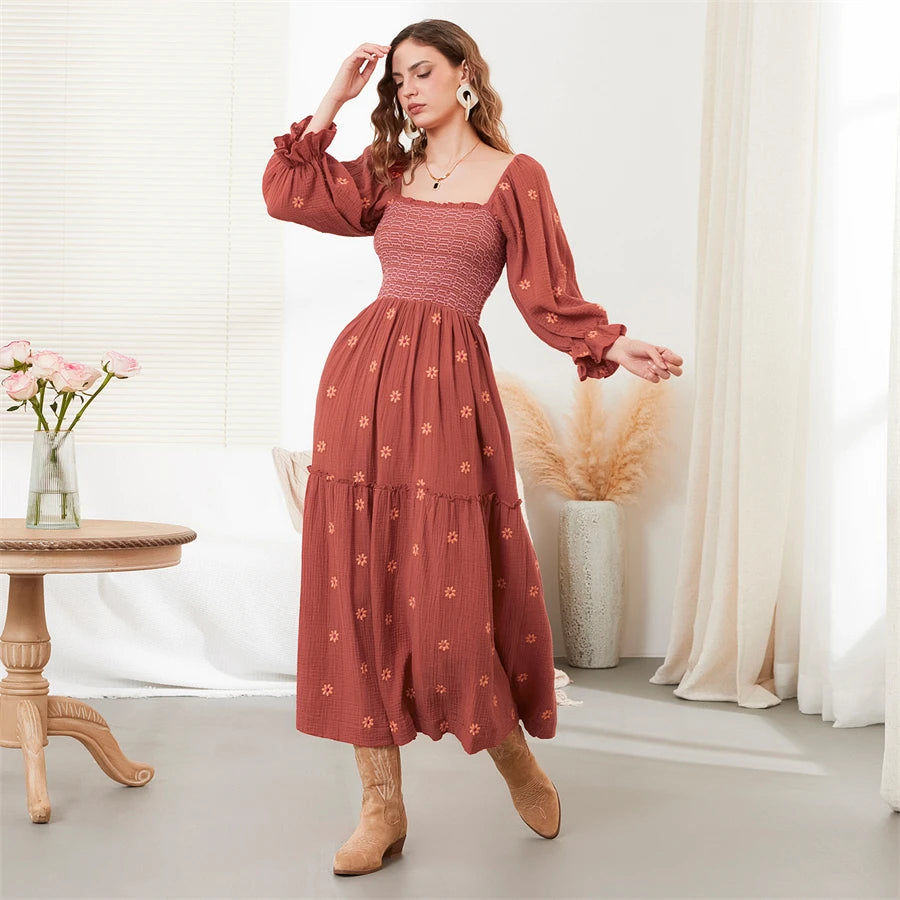 wsevypo Retro Embroidered Flowers Flowy Long Dress Women's Long Puff Sleeve Square Neck Smocked A-Line Dress for Beach Vacation