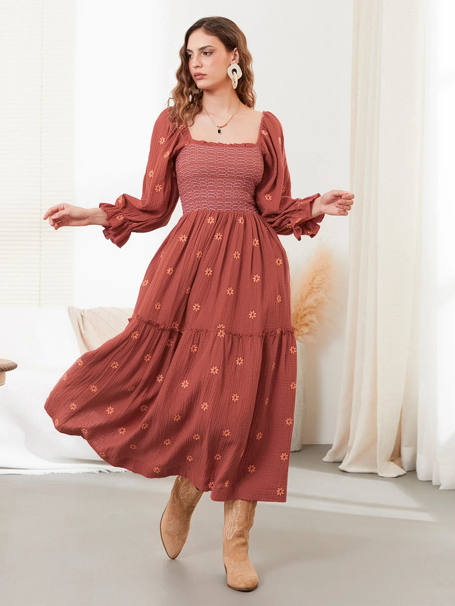 wsevypo Retro Embroidered Flowers Flowy Long Dress Women's Long Puff Sleeve Square Neck Smocked A-Line Dress for Beach Vacation