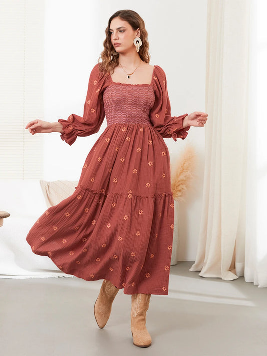 wsevypo Retro Embroidered Flowers Flowy Long Dress Women's Long Puff Sleeve Square Neck Smocked A-Line Dress for Beach Vacation