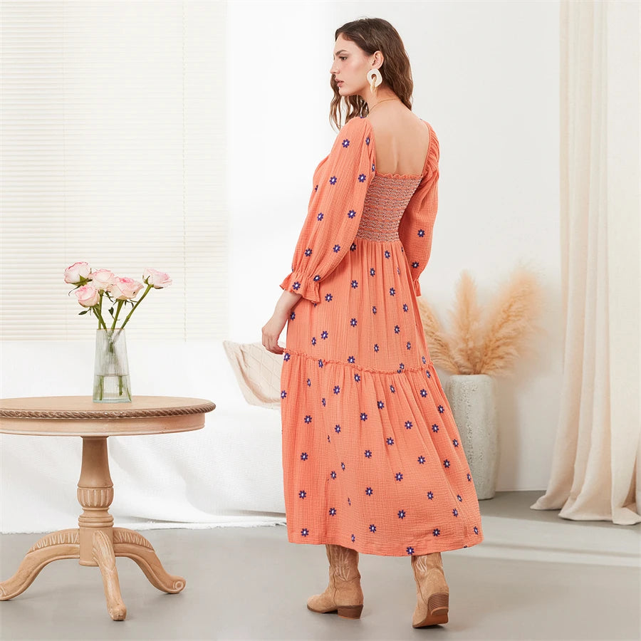 wsevypo Retro Embroidered Flowers Flowy Long Dress Women's Long Puff Sleeve Square Neck Smocked A-Line Dress for Beach Vacation